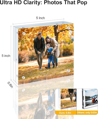 3 Pack 5x5 Acrylic Picture Frames - 20% Thicker Double Sided Magnetic Frame with UV Protection - Freestanding Clear Frameless Display for Tabletops - Modern Photo Frame Set for Home & Office Decor