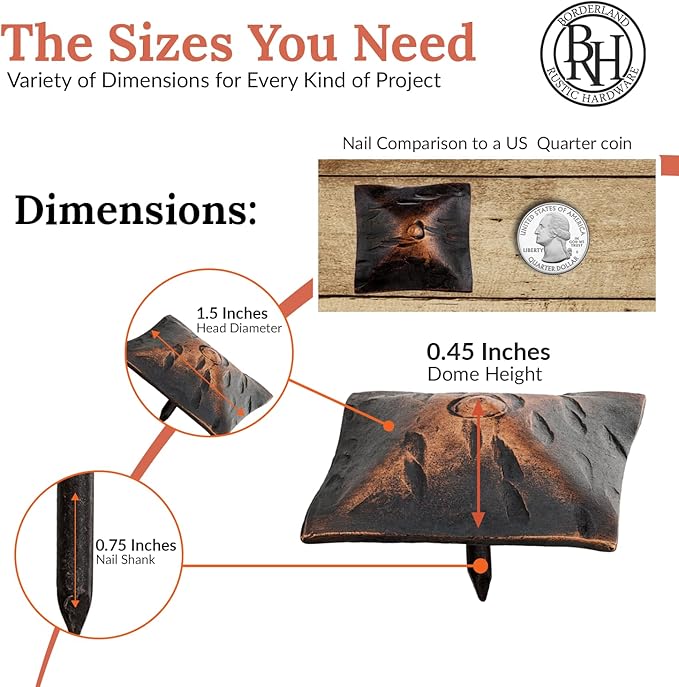 10 Pack 1.5" Square Head Iron Clavos Decorative Nails – Oil Rubbed Bronze – Handmade Rustic Square Fasteners for Farmhouse Shutters, Faux Wood, Barn Doors, Shutters, Gates – Ornamental Wood Accent