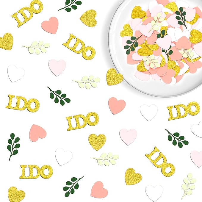 200PC Sage Green and Pink Gold Wedding Confetti for Tables Bridal Shower Decorations Hearts I Do Table Scatter for Wedding Engagement Bachelorette Party Decor