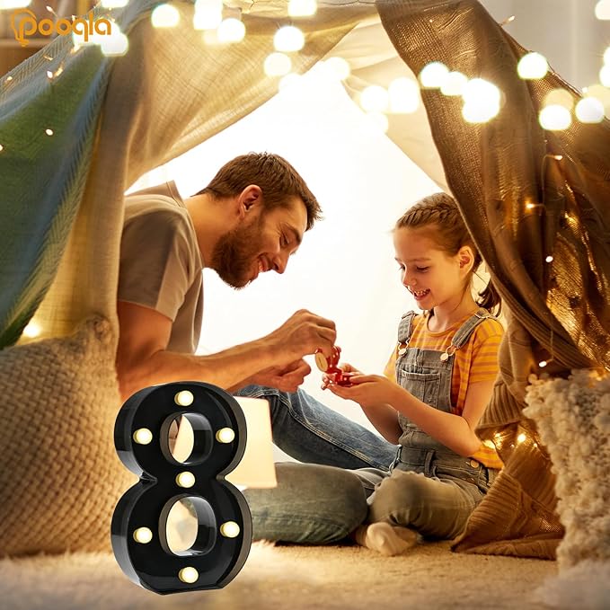 Pooqla Decorative Led Light Up Number Letters, Black Plastic Marquee Number Lights Sign for 8th 18th 80th Birthday Party Wedding Decor Battery Operated Black Decoration 8