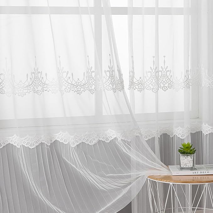 VISIONTEX White Sheer Voile Curtains, Decorative White Embossed European Rod Pocket Window Drapes for Home Kitchen, Living Room and Bedroom 54 x 95 Inch, Set of 2 Curtain Panels