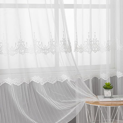 VISIONTEX White Sheer Voile Curtains, Decorative White Embossed European Rod Pocket Window Drapes for Home Kitchen, Living Room and Bedroom 54 x 95 Inch, Set of 2 Curtain Panels