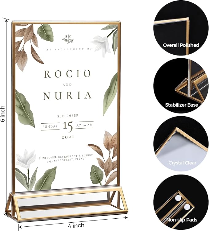 8 Pack Acrylic Sign Holder 4x6 Gold Frames, Wedding Table Number Holders Double Sided Vertical Clear Display Stand, Picture Holders for Tables, Menus, Flyers, Party and Office Decor
