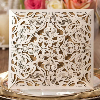 Hosmsua 50PCS Ivory Laser Cut Wedding Invitation Cards with Envelopes 6.3 x 6.3 Inch Hollow Rose Invitations for Wedding Bridal Shower Invite (Ivory, Blank)