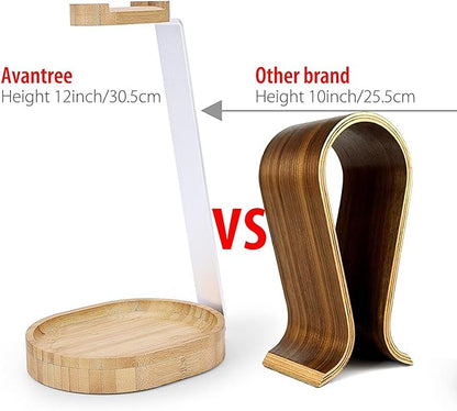 Avantree TR902 - Universal Wooden & Aluminum Headphone Stand Hanger with Cable Holder, Sturdy Desk Headset Mount Rack