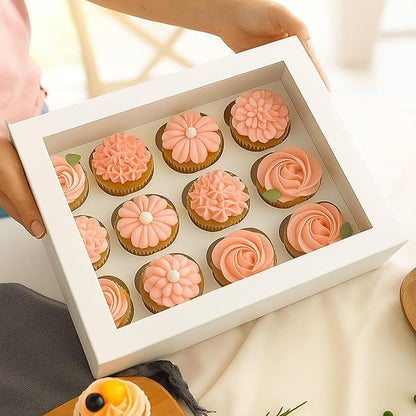 VGOODALL 12 Count Cupcake Boxes, 12PCS Cupcake Holder with Window White Pastry Boxes for Birthday Holiday Party Bakery Supplies