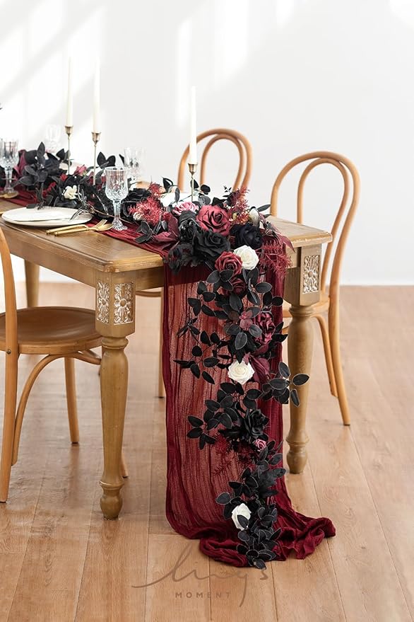 Ling's Moment Flower Garland - 6FT Eucalyptus & Rose - Sweetheart Table Decor for Wedding Reception, Artificial Floral Garland for Mantle, Thanksgiving, Christmas Decoration, Black & Burgundy