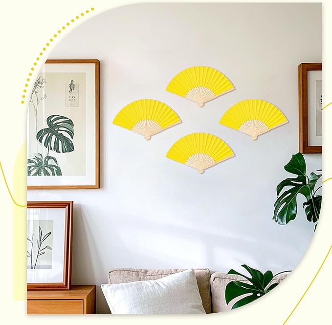 JOHOUSE 12 Pcs Paper Folding Hand Fans, 8.3 Inch Lemon Yellow Paper Fans Handheld Portable Decorative Accessories for Wedding, Lemon Party Decorations, Bridal Shower DIY Crafts