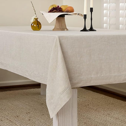 Solino Home Linen Light Natural Tablecloth 60 x 144 Inch - Classic Hemstitch, 100% Pure Linen Rectangular Tablecloth - Machine Washable Table Cloth for Fall, Autumn, Thanksgiving, Christmas, Holiday