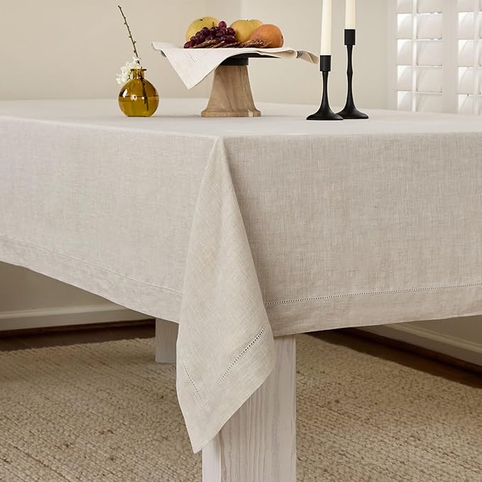 Solino Home Linen Light Natural Tablecloth 60 x 120 Inch - Classic Hemstitch, 100% Pure Linen Rectangular Tablecloth - Machine Washable Table Cloth for Fall, Autumn, Thanksgiving, Christmas, Holiday