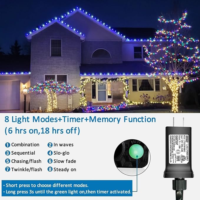 YEGUO 165ft 500 LED Christmas Lights Outdoor Waterproof, Blue and White String Light Indoor, 8 Modes Green Wire Twinkle Tree Lights Plug in with Memory Timer