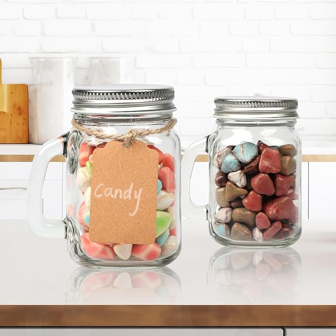4 oz Small Mason Jar Mugs with Handle, 24 Pack Mini Glass Jars with Airtight Metal Lids, Empty Glass Mugs with Kraft Paper Gift Tag for Party Wedding Favor