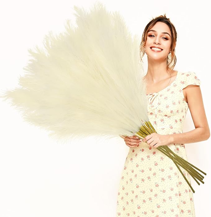 35" Faux Pampas Grass Decor, 8pcs Large Tall Fluffy Artificial Pompous Grass Branches Floral Fake Pompas Grass Bulrush Floor Vase Filler Flower Arrangement for Home Wedding Boho Decor Beige