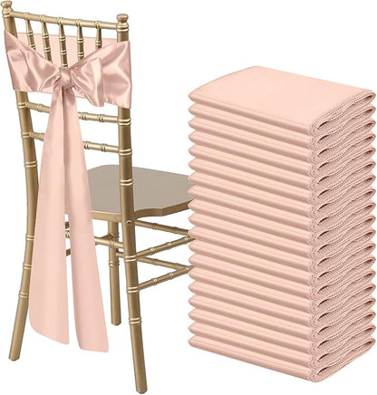 50 PCS Blush Pink Satin Chair Sashes Bows Universal Chair Ribbon Ties Back Sash for Wedding Party Reception Events Banquets Hotel Event Chair Cover Decoration (7x108 inch)