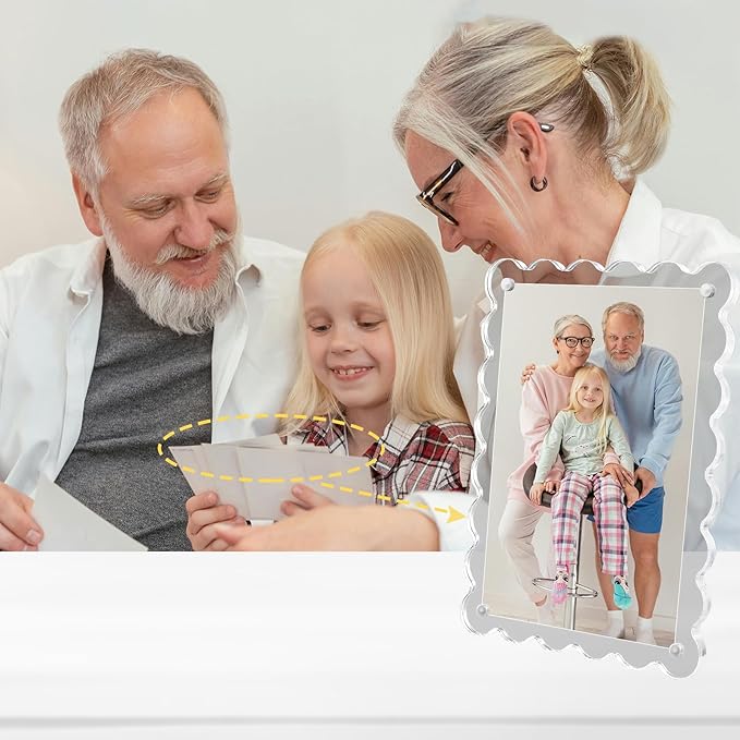 3 Pack Acrylic Picture Frames 4x6 Scalloped with Detachable Brackets, Vertical and Horizontal Tabletop Display, Clear Magnetic Photo Frames for Home/Family/Party/Wedding