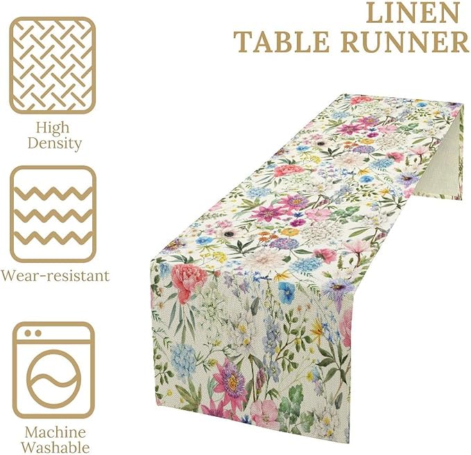 Floral Table Runner Watercolor Peony Rose Flower Kitchen Table Decoration for Indoor and Outdoor Wedding Party 13x60 Inch