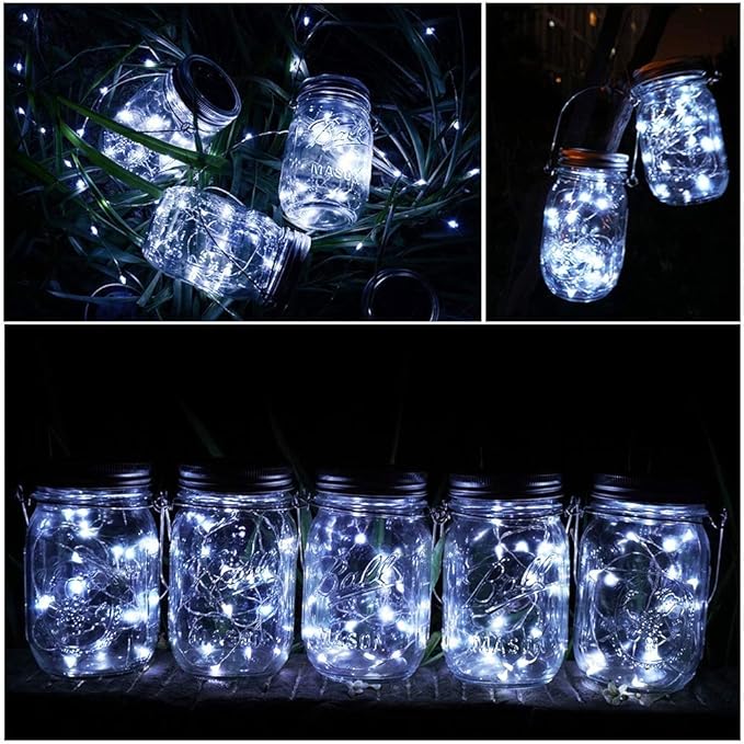 SunKite Solar Mason Jar Lights, 12 Pack 30 LED Waterproof Fairy Firefly Jar Lids String Lights with Hangers(NO Jars), Patio Yard Garden Wedding Decoration - Cool White