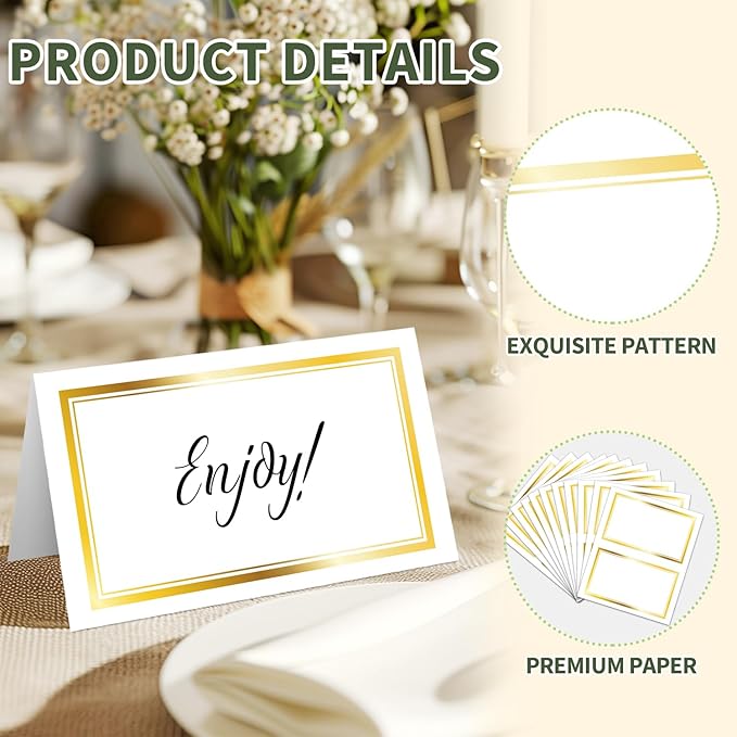 25 Premium Place Cards for Table Seating, Wedding Name Place Card with Gold Foil Border, Tent Cards for Birthday Bridal Shower Baby Shower Reception Dinner Party Decorations -A29