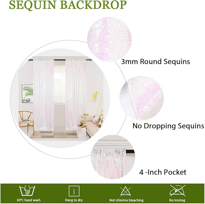 ShinyBeauty 4x10ft White Sequin Photography Backdrop | 4 Panels Glitter Sparkly Background Curtain for Weddings, Parties, and Studio Decor