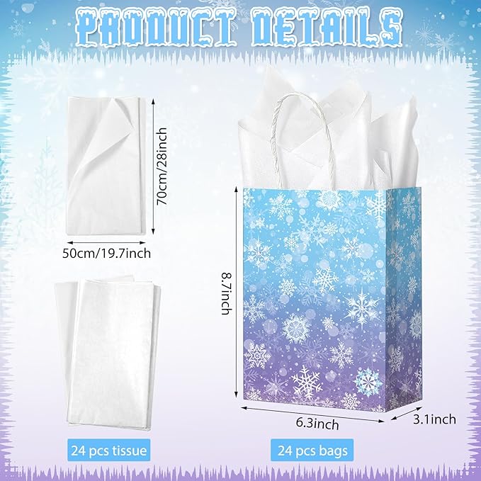 24 Pcs Winter Snowflake Gift Bags, Blue and Purple Snowflake Goodie Bags Bulk with 24 Tissue Paper, Holiday Kraft Paper Party Favor Bags with Handles for Birthday Christmas Winter Wonderland
