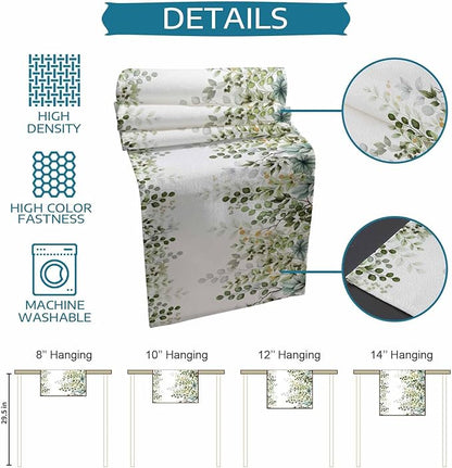Sage Green Eucalyptus Cotton Linen Table Runner for Dining Kitchen,Farmhouse Leaves Botanical Floral Wedding Outdoor Party Tablerunners Decoration Dresser Scarf Coffee Tablecloth Runners 13x108 Inches