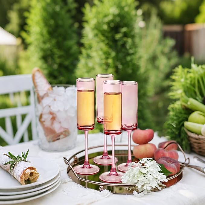 6 Pieces Pink Champagne Flutes 6 OZ Straight Sided Wine Glasses Champagne Long Stem Drinking Colored Glasses,Set of 6 Hand Blown Champagne Flutes Goblets for Wedding Cocktail Cups,Cava, Prosecco