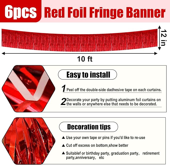 6 Pack 10 Feet Red Foil Fringe Garland Metallic Tinsel Streamers Banner Wall Hanging Curtain Backdrop for Parade Floats, Birthday, Graduate, Mother's Day, Wedding Party Decoration