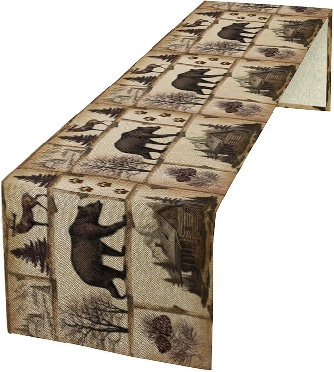 Rustic Cabin Table Runner, Retro Moose Cone Deer Bear Farmhouse Lodge Table Runner for Dinner Living Room Kitchen Vintage Country Cottage 13x108 Inch