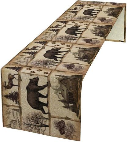 Rustic Cabin Table Runner, Retro Moose Cone Deer Bear Farmhouse Lodge Table Runner for Dinner Living Room Kitchen Vintage Country Cottage 13x70 Inch