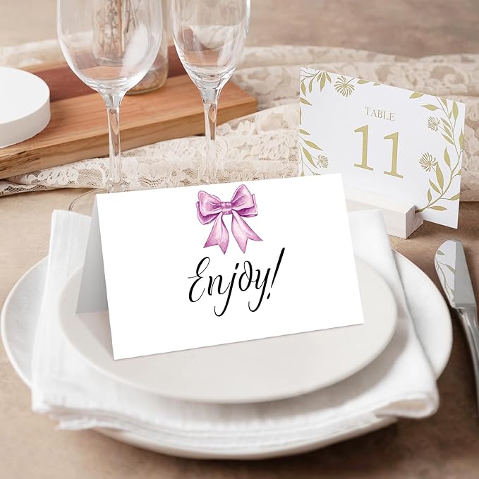 25 Purple Bow Place Cards for Table Seating, Watercolor Wedding Name Place Card, Tent Cards for Birthday Baby Shower Bridal Shower Reception Dinner Party Decorations -A26