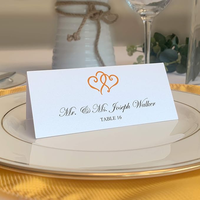Linked Hearts Printable Place Cards, Orange (Choose Color), Set of 60 (10 Sheets), Laser & Inkjet Printers - Wedding, Party, Dinner, and Special Events - Made in the USA