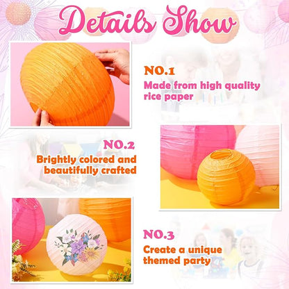 Riakrum 16 Pcs Pink and Orange Paper Lanterns Birthday Party Decorations Mixed Size 6'' 8'' 10'' 12'' Colorful Chinese Hanging Paper Lanterns for Wedding Home Decorations Supplies