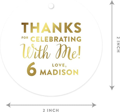 Andaz Press Personalized Round Circle Birthday Gift Tags, Metallic Gold Ink, Thanks for Celebrating with Me with Age, 24-Pack, Custom Made Name Age