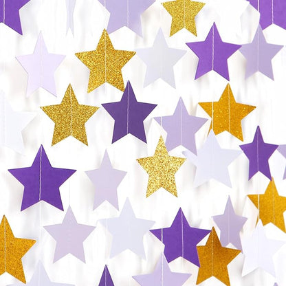 Purple-Lavender White-Gold Party-Decorations Star Garland - 62ft Streamers Hanging Banner,Girl Birthday Wedding Twinkle Twinkle Little Star Baby Bridal Shower Graduation Decor Hugtmr