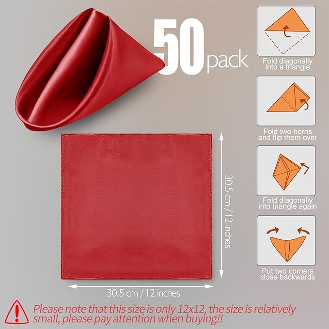 Manyshofu 50 Pieces Red Satin Napkins - 12x12 Inches Cloth Napkins, Square Satin Fabric Napkin Set - Smooth & Reusable Table Napkins for Wedding Dinner Party Lunch Banquet Restaurant Decoration