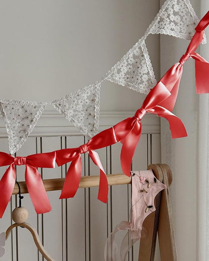 Pre-Assembled Red Bow Garland | Double Side Satin Silk Bow Banner 6FT+ 3ft Extend Ribbon for Coquette Birthday Bridal Shower & Bachelorette Party,Read to Hanging (Red, 6ft)