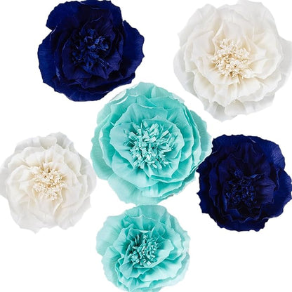 Paper Flower Decorations for Wall, Navy Blue Wedding Backdrop, Baby Boy Nursery Wall Decor, Bridal Shower, Nautical Theme Birthday Party (Navy Blue, Light Blue, White, Set of 6)