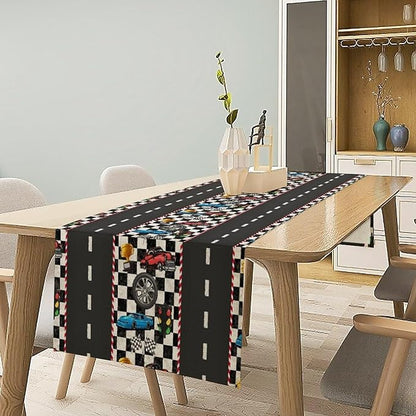 Race Car Table Runner,Checkered Flag Black and White Race Cars Pattern Print Tablecloth Burlap for Hotel Indoors Outdoor Dining Room Kitchen Home Decor,W13X L80 in