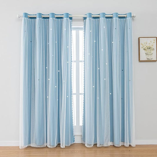FANLI 2 Panels Star Blackout Curtains for Kid Girls Bedroom Living Room Darking Stripe Double Layer Star Cut Out Wall Home Decor Gradient Grommet Window Curtains (Blue 63L)