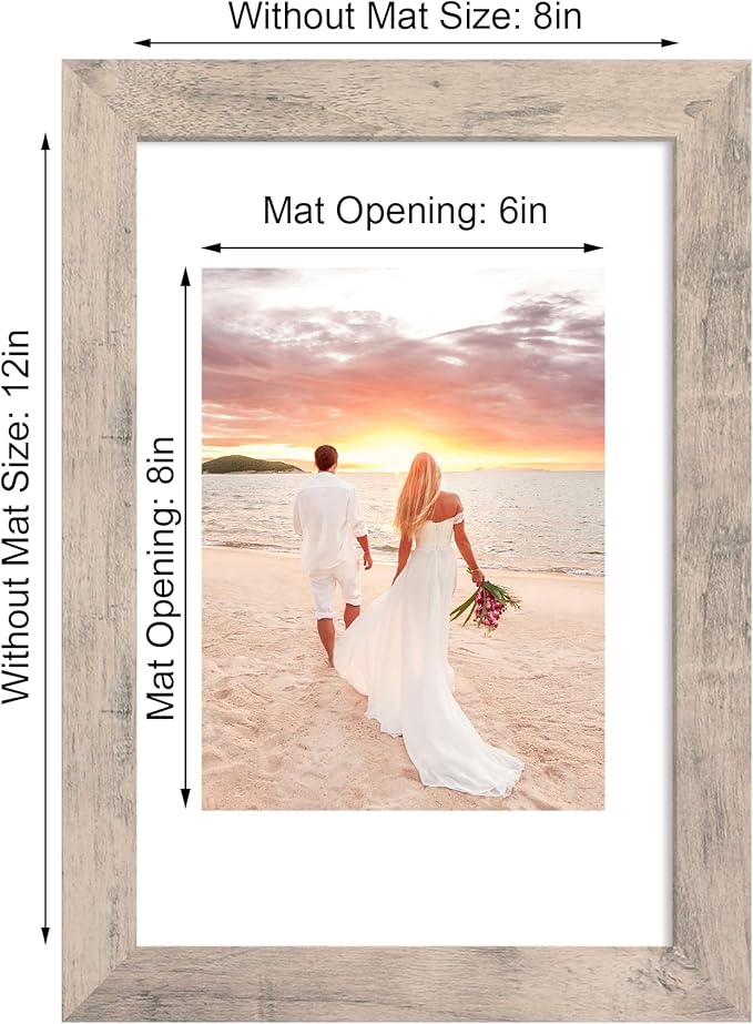 8x12 Picture Frame Set of 4 with High Definition Glass, Smoke Gray Frame Display 6x8 Picture with Mat or 8 x 12 Without Mat, Wood Rustic Photo Frames for Tabletop Display and Wall Mounting