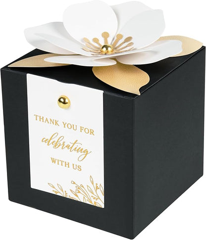 FEIYI 20 PCS Black Gift Boxes, 3 In 1 Favor Boxes with Floral Decor, White Thank You Tags Cupcake Containers Gift wrapping for Wedding, Baby Shower, Birthday, Decorations Party - 3.55x3.55x3.55