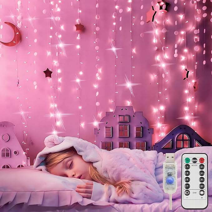 suddus Curtain Lights for Bedroom, 200 Led 6.5ft x 6.5ft Hanging String Lights Outdoor, Fairy Curtain Lights for Backdrop, Window, Wall, Wedding, Party, Garden, Porch, Birthday Decorations Pink