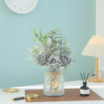 Faux Flowers with Vase,Artificial Silk Roses in Vase, Fake Plant Eucalyptus Flower Arrangement for Home Office Farmhouse Bathroom Dining Table Centerpiece Decorations Coffee Table Decor (Grey Blue)