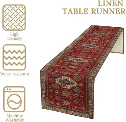Boho Floral Vintage Table Runner, Retro Red Brown Flower Rustic Country Farmhouse Abstract Pattern for Home Kitchen Table Decor Dining Coffee Room Party Decor 13x90in