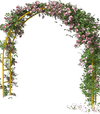 Queension Metal Arch Backdrop Stand 7Ft Wide 7.7Ft High, Wedding Arch Frame for Wedding Decorations, Balloon Arch Stand with Base for Ceremony, Outdoor Garden Arch Trellis for Climbing Plants, Gold