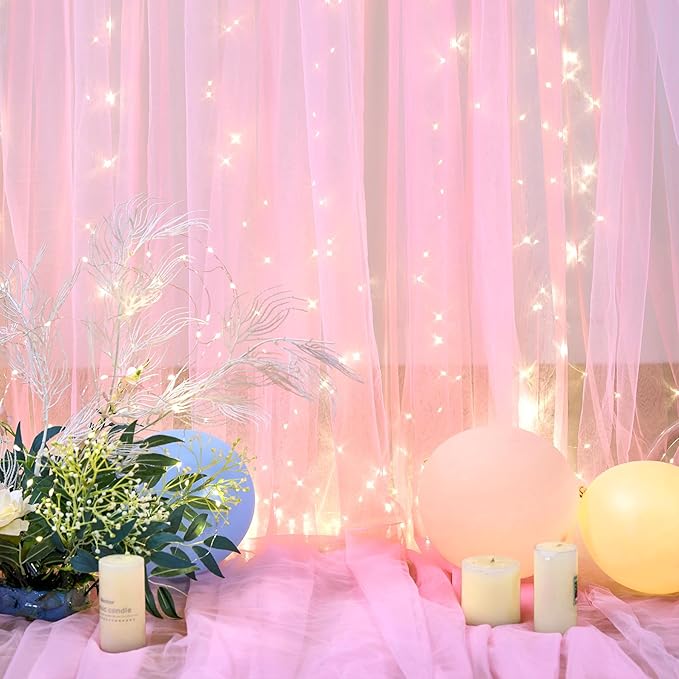 Pink Backdrop Curtains with Lights String for Baby Shower Girl Parties Sheer Tulle Backdrop Curtain Panels for Birthday Party Bridal Shower Photo Shoot Background Decorations 10×10ft (2 Panels 5×10ft)