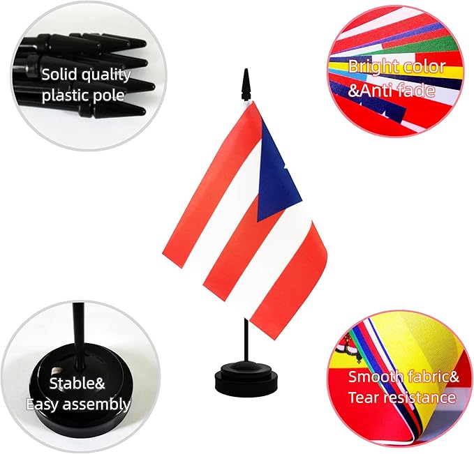 2 Pack Puerto Rico Desk Flag, International Country Flag with Solid Pole and Stand Base, Festival Celebration, Classroom Meeting Desktop Decoration