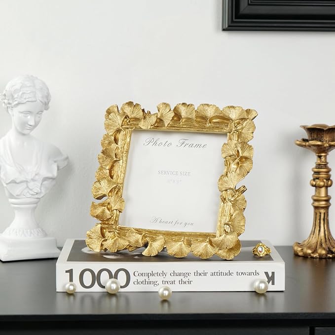Cuspin Vintage Gold 5x5 Picture Frame, Gold Ornate Leaf Textured Hand-Crafted Resin with Glass Front, Antique Square Photo Frame for Tabletop Display, Retro Design Home Decor