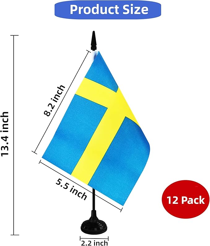 Sweden Desk Flag, 12 Pack Swedish Table Office Flag with Black Solid Pole and Stand Base, International Country Flag, Festival Celebration, Classroom Meeting Desktop Decor (Sweden)