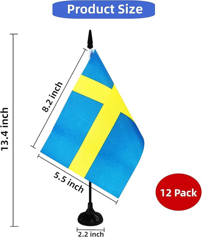 Sweden Desk Flag, 12 Pack Swedish Table Office Flag with Black Solid Pole and Stand Base, International Country Flag, Festival Celebration, Classroom Meeting Desktop Decor (Sweden)